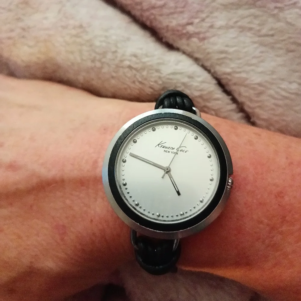 Kenneth Cole black leather twine and silver tone women's wrist watch